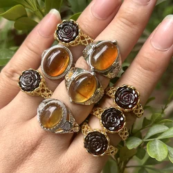 Natural Rose Red Cognac Amber/ Insect Amber Ring , Adjustable size for wearing, different ring holders, For Women Ring Gift