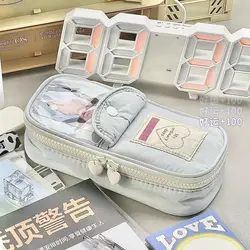 Cute Japanese Ins Small Fresh Simple Pencil Case Art Retro Large Capacity Girl Pen Bag with Clear Card Pocket Heart Shape Zipper