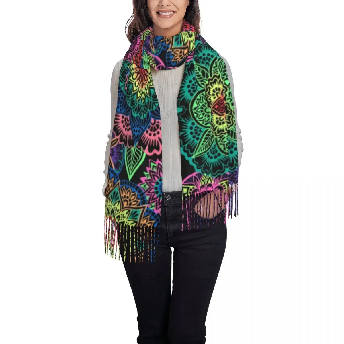 Neon Mandala Scarf Colorful Floral Print Outdoor Shawls and Wrap with Tassel Women y2k Cool Scarves Wraps Winter Bufanda Mujer