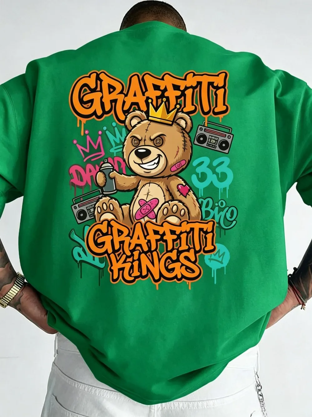 European and American men's summer music teddy bear print micro elastic breathable round neck T-shirt outdoor street style top