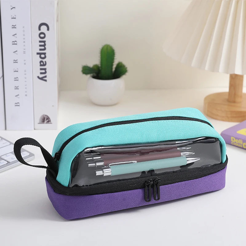 5pcs Cosmetic Bags Oxford Two Color Patchwok Large Capacity  Multifunctional Long Pencil Bag Mix Color