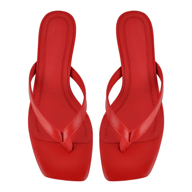 Onlymaker Women Red Square Toe Thong Sandals 5CM Kitten Heel Mules Flip Flops for Party Daily Wear Slip-On Summer Sandals image 4