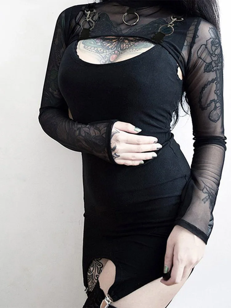 T-shirt da donna dolcevita hot top T-shirt sexy hip-hop gotica micro corta catena di metallo pizzo trasparente maglia manica lunga