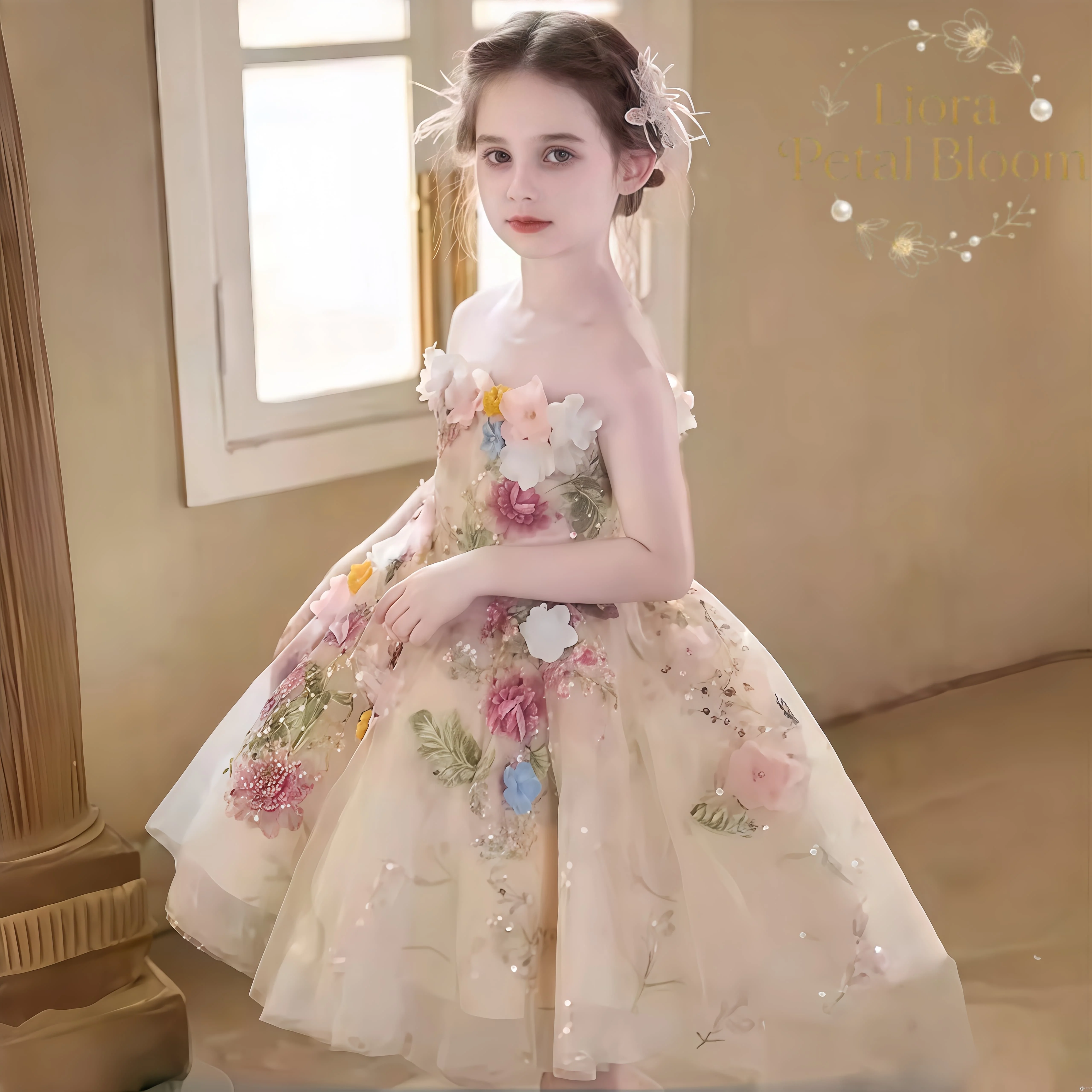 Abito da Principessa per Bambine, Vestito Formale con Tulle Floreale 3D e Corsetto Posteriore per Matrimoni, Feste Serali e Balli