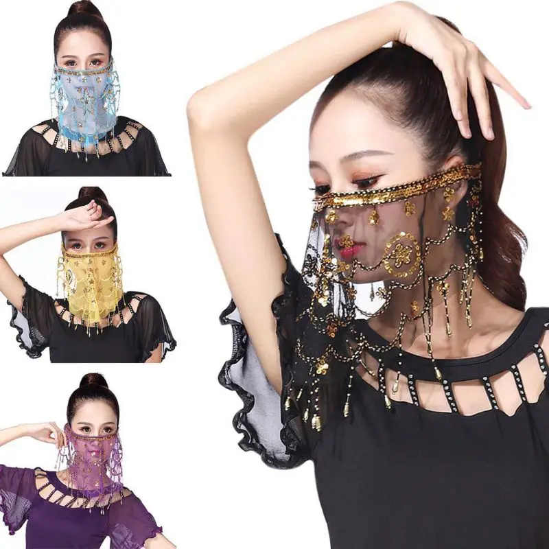 

Belly Dance Face Mask Women Belly Dance Face Veil With Sequins Beautiful Voile Wrap Scarf Perform Accessory