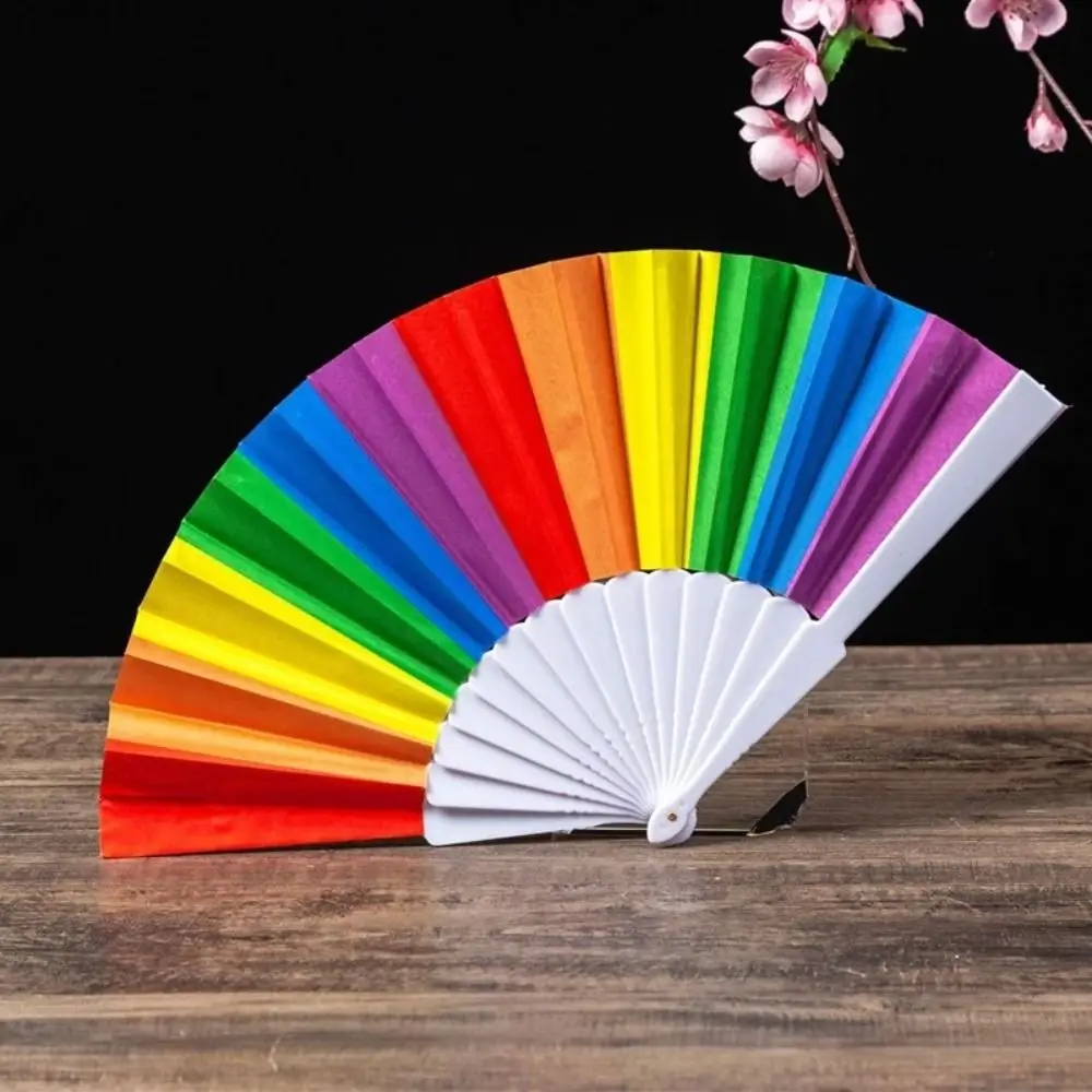 Portable Plastic Folding Hand Fan Lightweight 7 Inch Size Rainbow Fan Vivid Rainbow Print Dopamine Color Party Decor Fan Daily