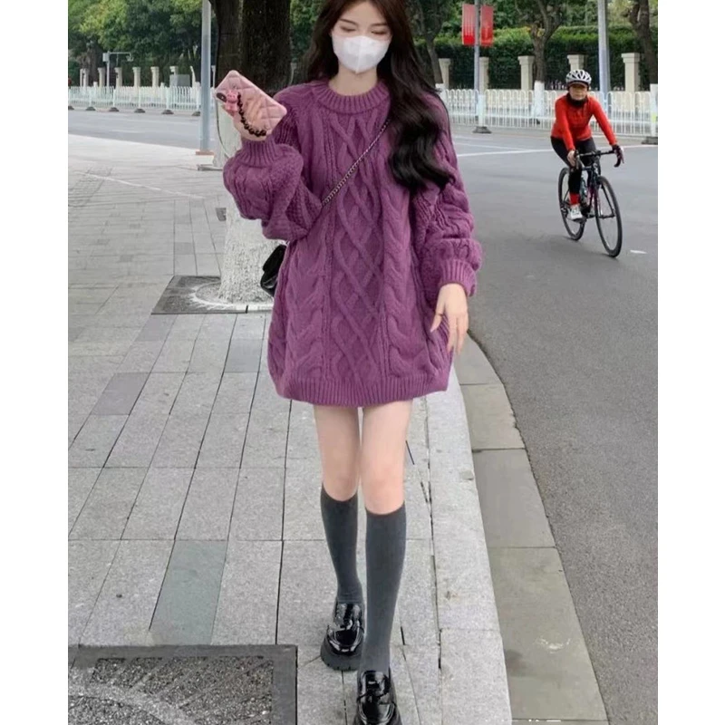 Women Korean Autumn Winter Loose Long Sweater Pullovers 2023 New Lady Chic O-Neck Purple Knit Tops Casaul Knitwear Female