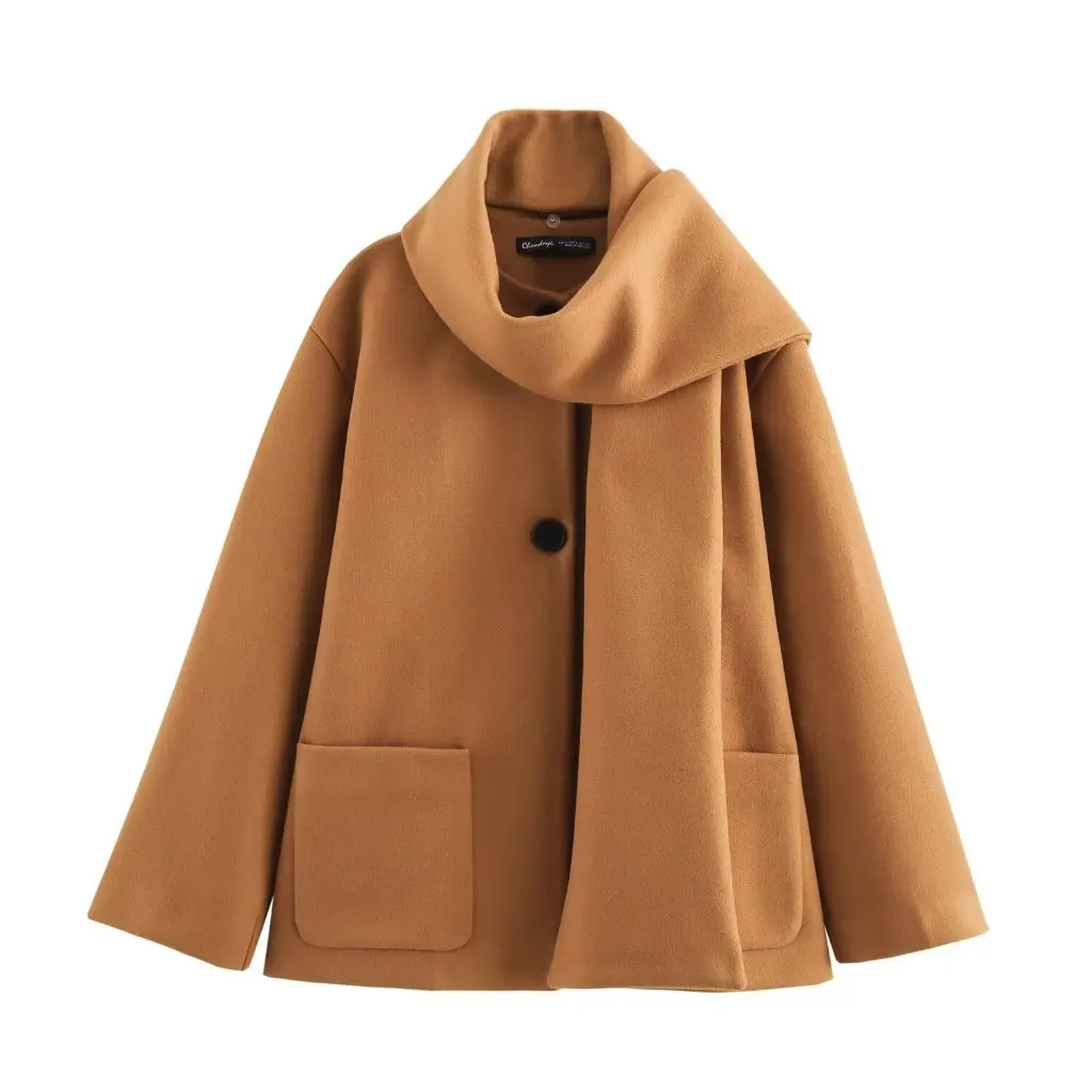 

European And American Fashion Blended Scarf Long Sleeve Woolen Coat Women's Spring New Style B481907