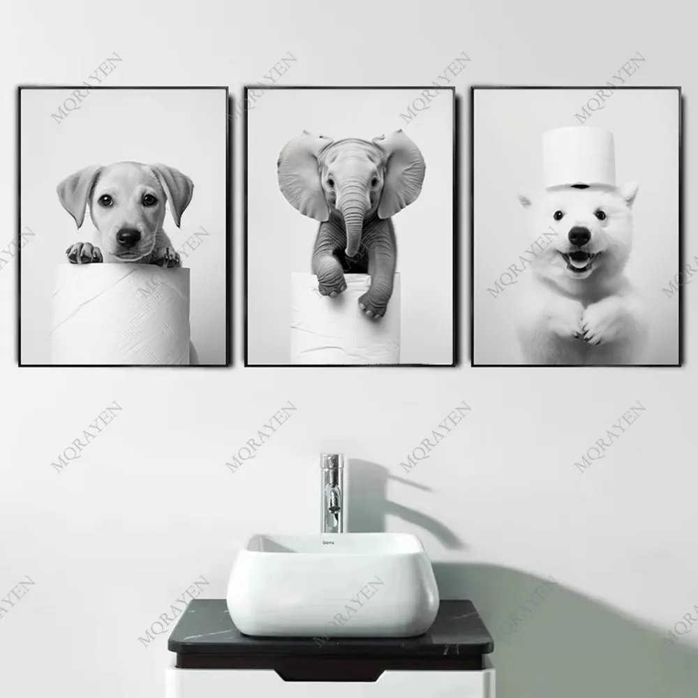 Black White Animals Holding Paper Rolls Funny Bathroom Poster Otter Owl Cat Dog Canvas Painting Wall Art Toilet Room Home Decor