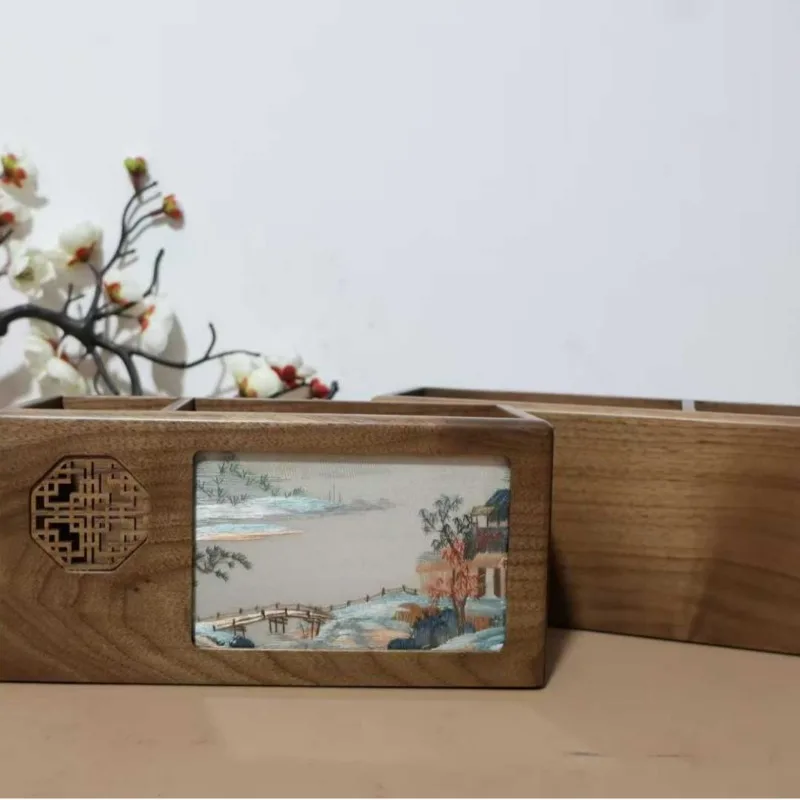 Double-sided embroidered pen holder ornament, mahogany pen gift box set, Chinese style cultural gifts