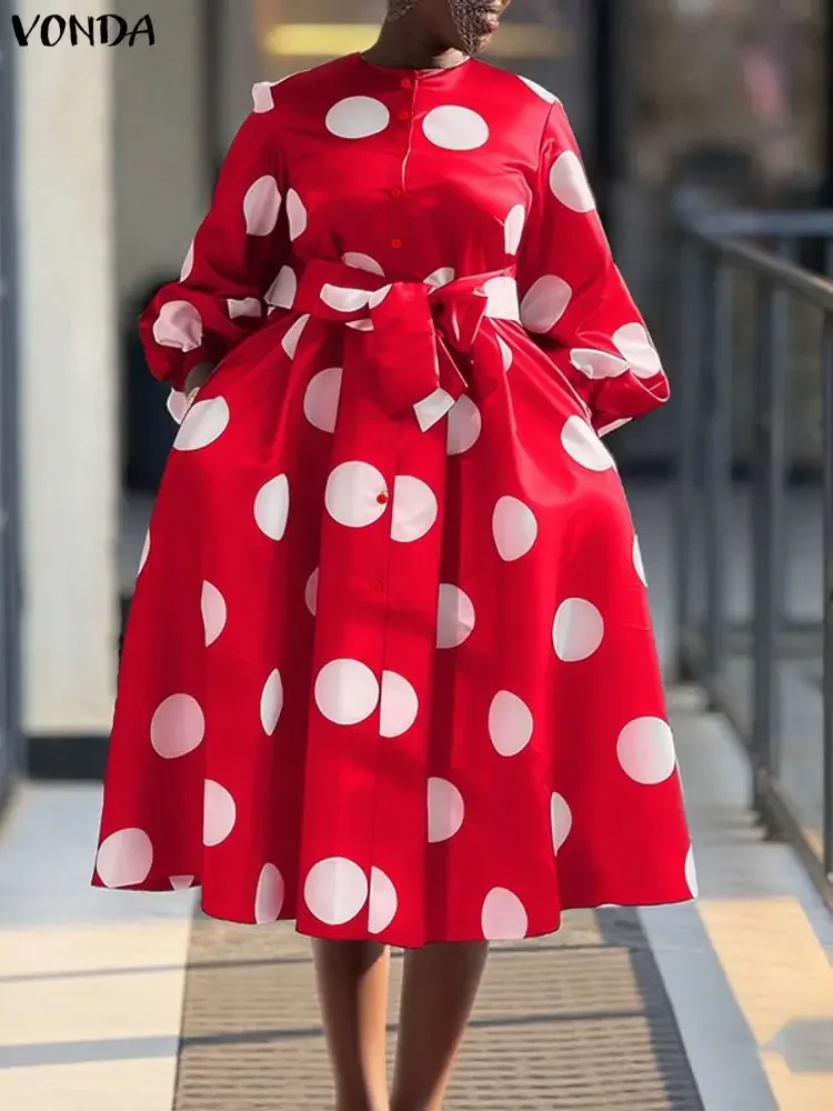 Plus Size 5XL VONDA Bohemian Women Polka Dot Abito lungo femminile Manica lunga a lanterna Stampa Party Robe Con cintura Casual Allentato Vestido