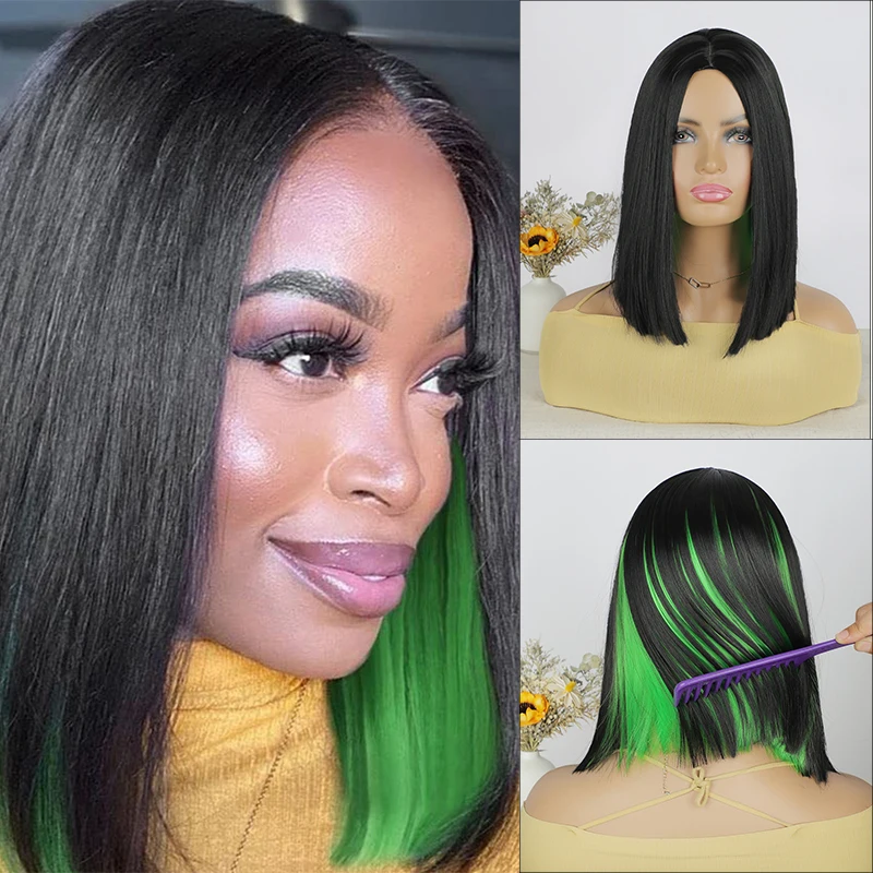 Short Middle Part Bob Hair Wigs Natural Synthetic Black Bob Wigs with Green Highlight Hair for Women Cosplay Heat Resistant Wig