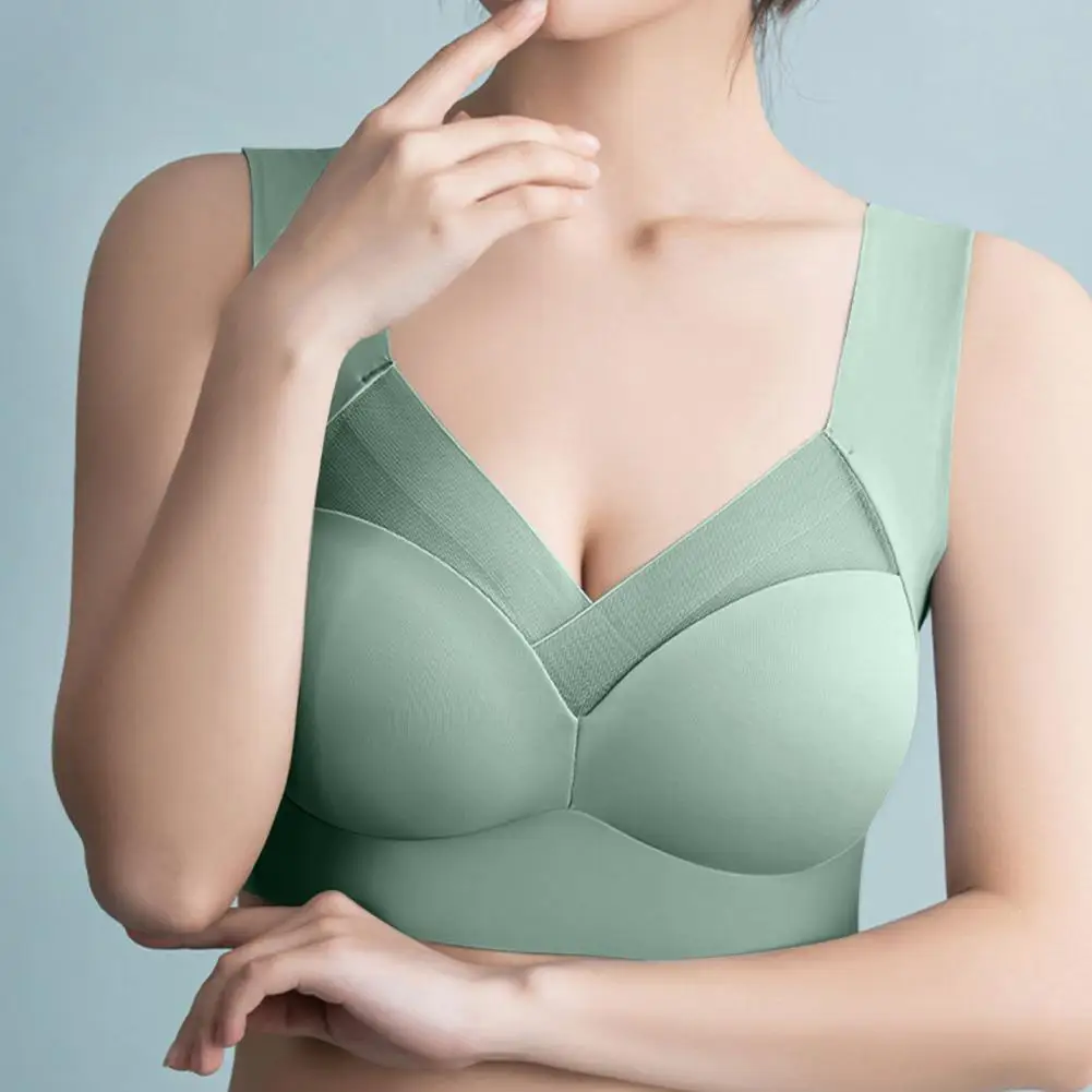 Wireless Push-Up Bra Natural Lift Plus Size Seamless Vest Type Adjustable Straps Full Coverage Bra Mesh Patchwork Support Bra Ev