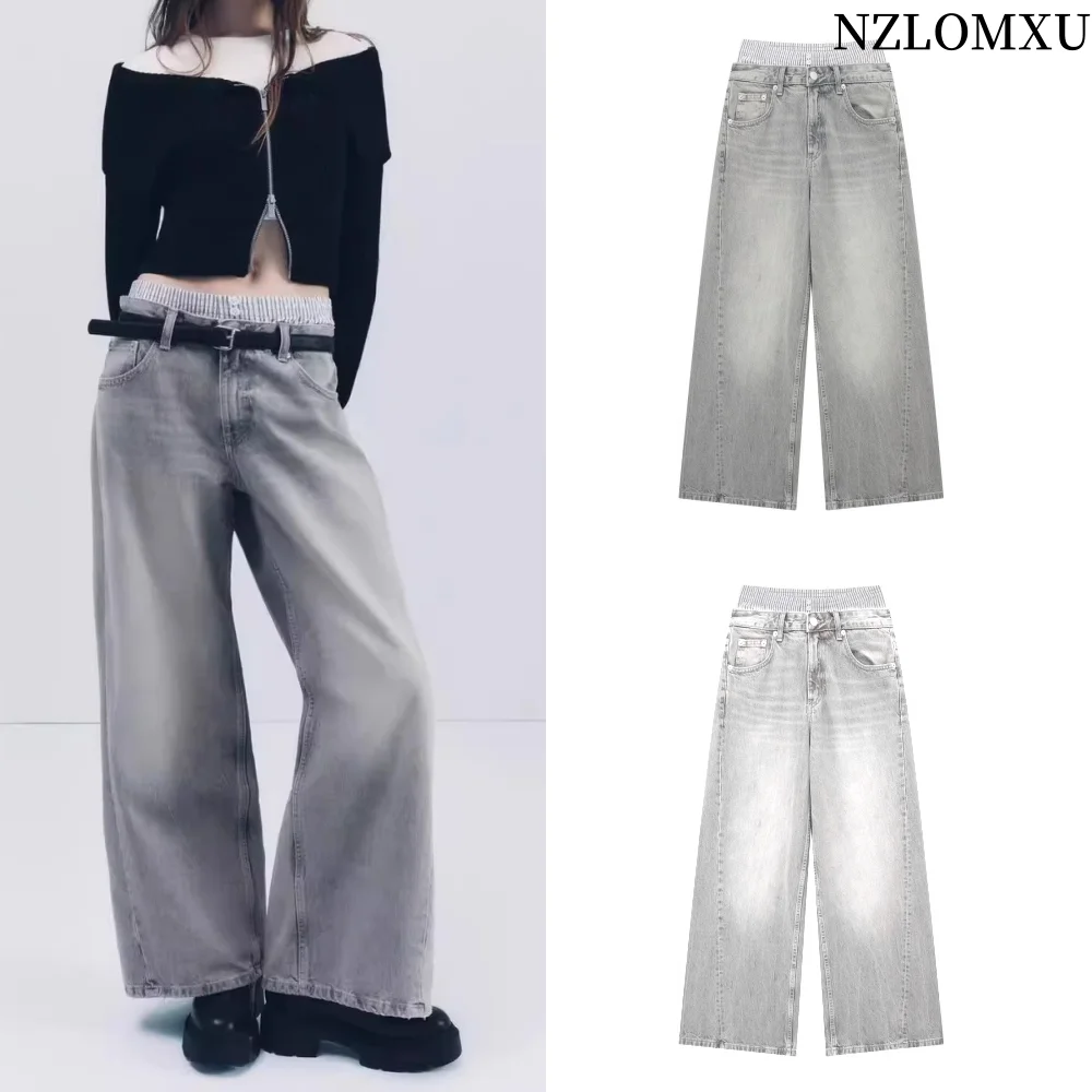 

2025 Women's Fashion Grey Patchwork Jeans Female Casual Baggy Wide Leg Denim Pants Woman Jeans Streetwear Basic Trousers
