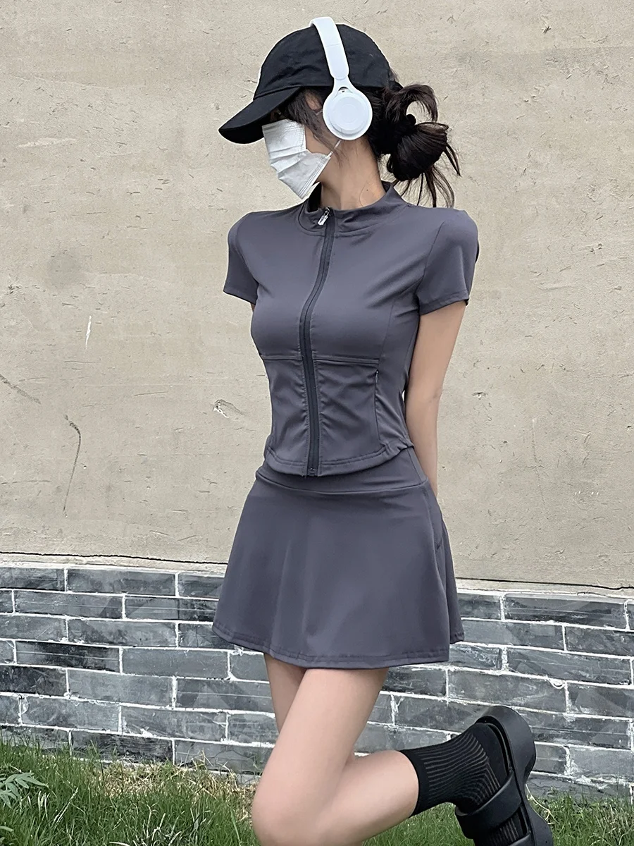 Girls Sporty Casual Set Women's Summer Short Sleeve Sun Protection T-Shirt High Waist A-Line  Skirt Complete Outfit