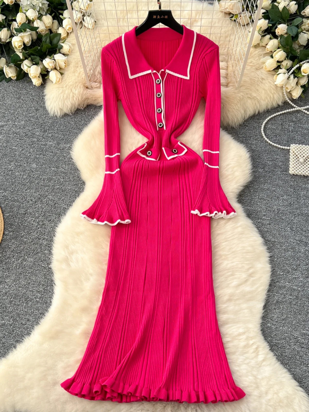 

2026 New Autumn Winter Women Vintage Turndown Collar Flare Sleeve Knitted Dress Single Breasted Ruffles Hit Color Long Dress