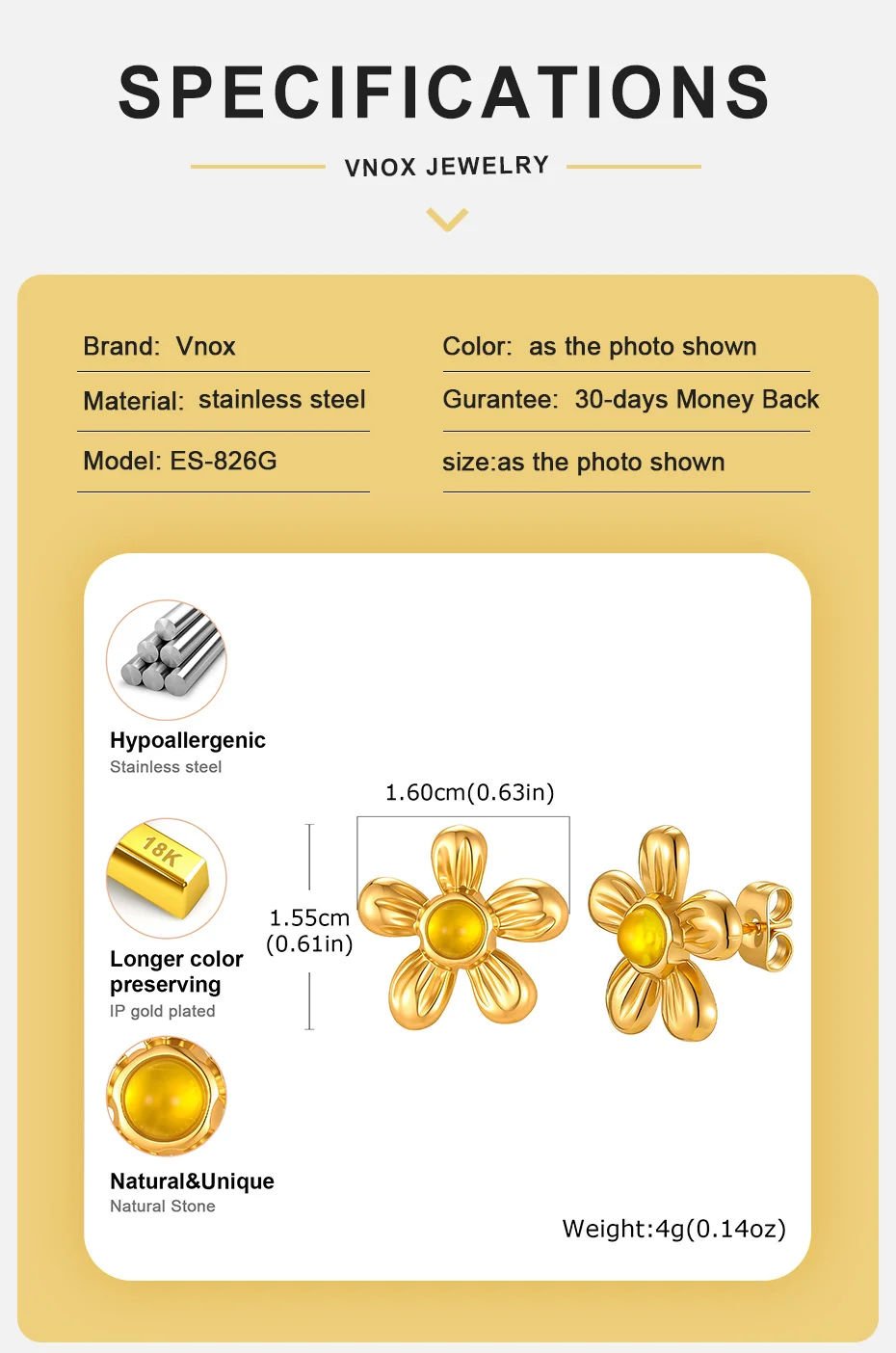 Vnox Trendige Minimalistische Vergoldete Gelbe Kristallblumen-Ohrringe aus Edelstahl, Florale Ohrringe für Party, Alltag und Hochzeit. – Detail 4