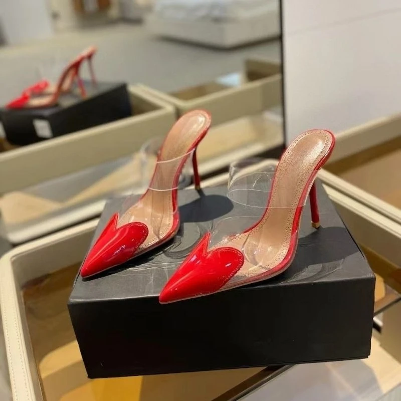 

Women's 2026 Red Heart Transparent Strap Mules, Pointed Toe High Heel Slides, Hot Fashion Summer Sandals for Outdoor & Party