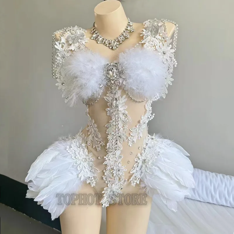 White Feather Rhinestones Bodysuit Sexy Transparent Stage Wear Carnival Party Bar Dancer Performance Clothes Drag Queen Costume