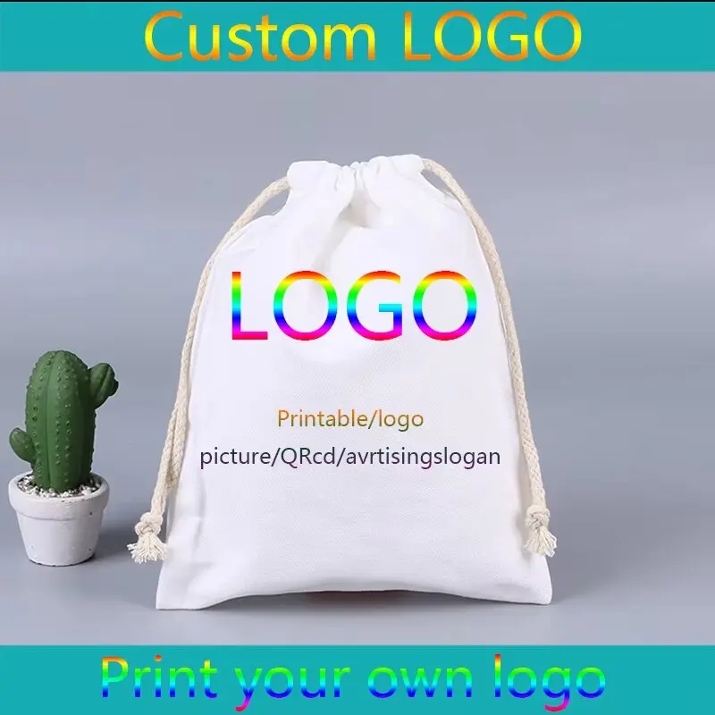 Private Customized Drawstring Pouch Eco Canvas Bag LOGO Portable Lightweight Families Receive Travel Storage Gift Cloth Bag