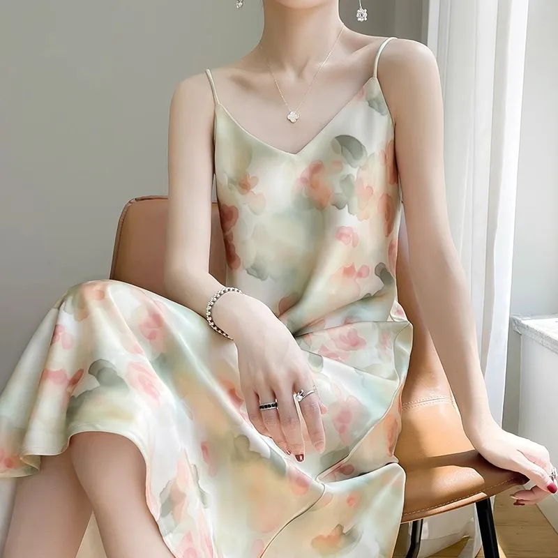 

French Long Dress Women Summer High End Floral Printing V-Neck Spaghetti Strap Dresses Female Temperament Beach Vestidos