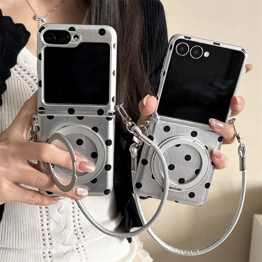 Cute Silver Black Polka Dot Magnetic Ring Stand Phone case For Samsung Galaxy Z Flip 8 5 6 7 6 5 4 3 Z Flip8 Shockproof Cover