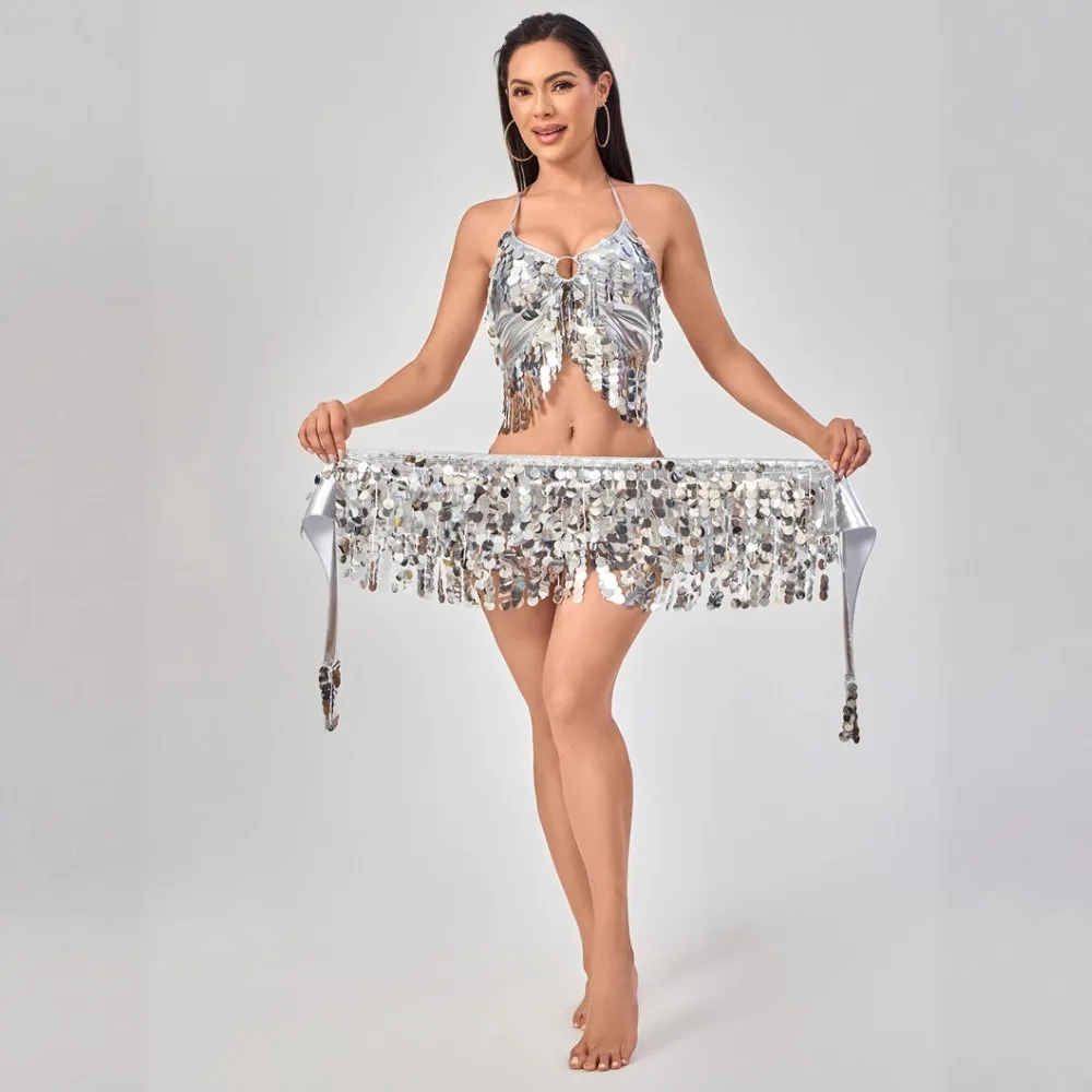 Lenço de quadril para dança do ventre – corrente e cinto com franjas de lantejoulas para apresentações, bollywood e fantasia de dança tribal