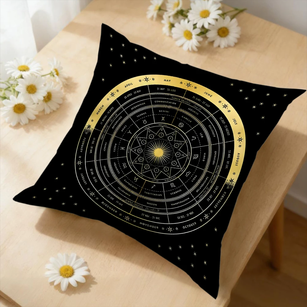 1Pc Mystical Astrology Chart Cushion Cover Black Golden Zodiac Wheel Pillowcase For Sofa Bedroom Decorative Throw Case Soft