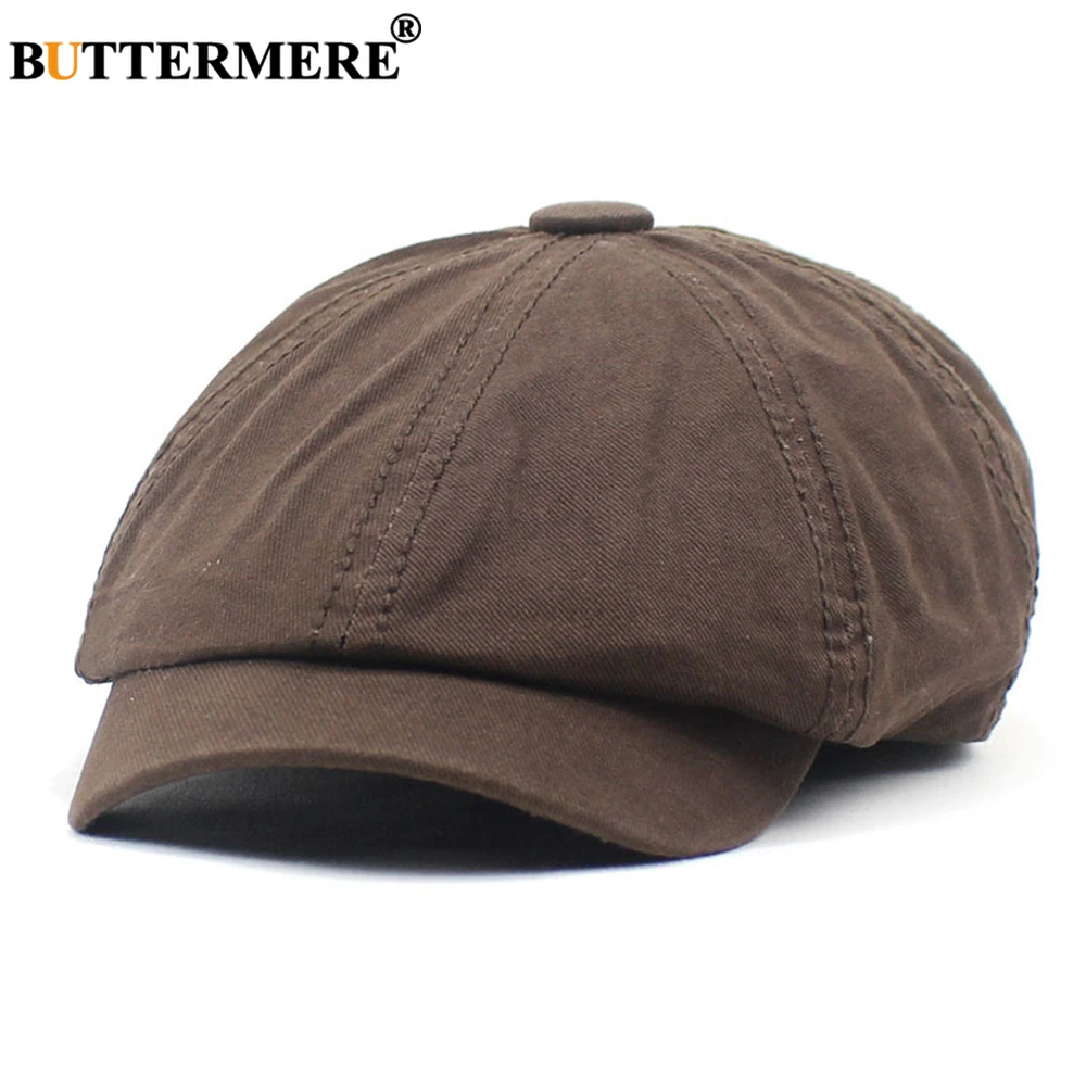 

BUTTERMERE Brown Newsboy Caps for Men Solid Octagonal Hat Cotton British Style Men's Beret Casual Autumn Vintage Flat Cap Beige