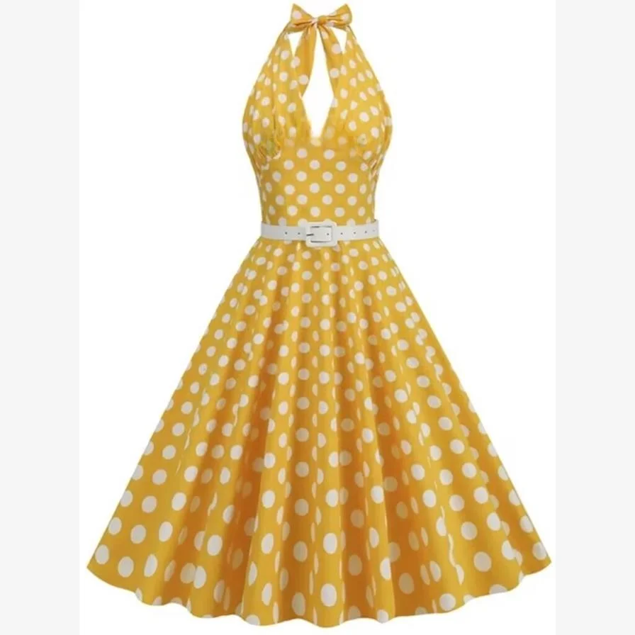 

Sweet Sle Vintage Hong Kong Feel Dr V-Ne Hanging Ne round Ne Polka Dot Slim A-Line Skirt Long Evening Gown