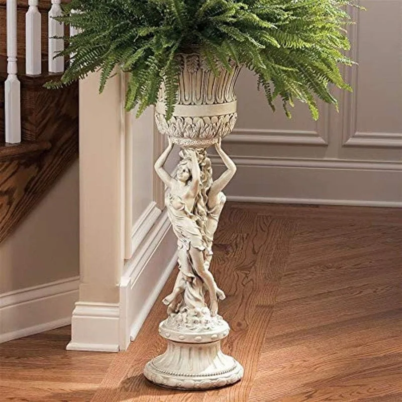 Maidens Pedestal Column Plant Stand with Urn, 12 Inches Diameter, 36 Inches Tall, Handcast Polyresin, Antique Stone Finish