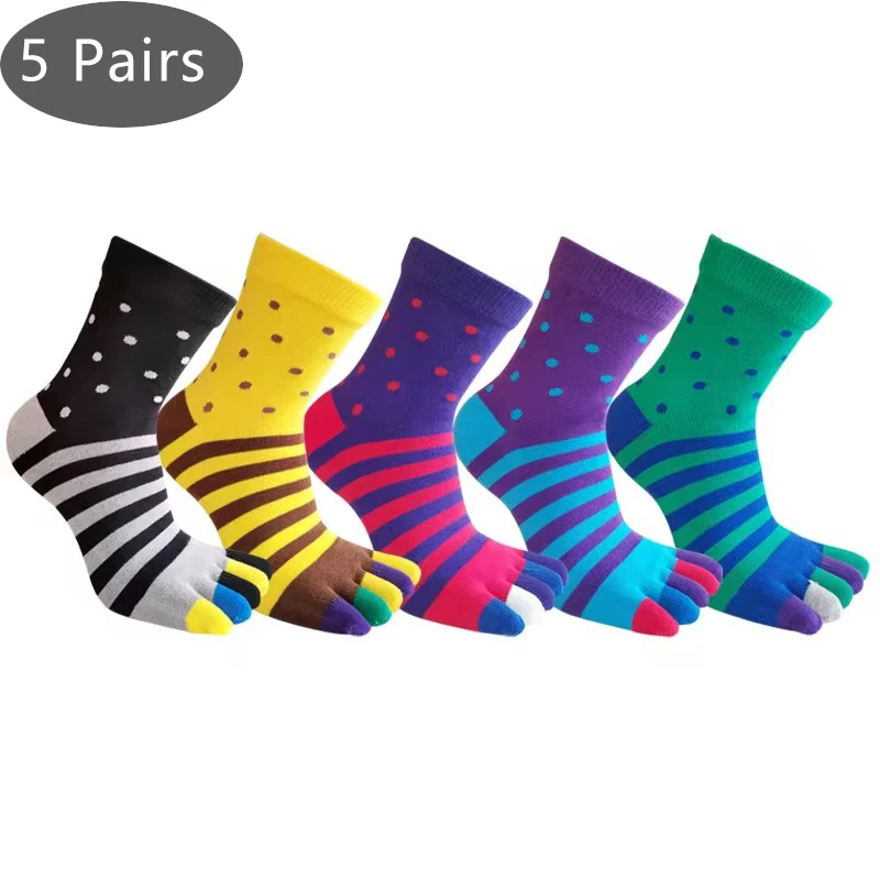 5 Pairs Man 5 Finger Short Socks Combed Cotton Thick Striped Round Deodorant Colorful Party Dress Business Toe Happy Funny Socks