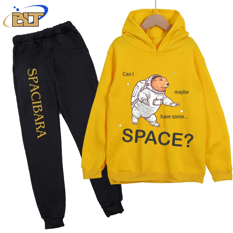 Capybara astronaut children's clothing hoodie set yellow sweatshirt pants 2-piece set for boys and girls