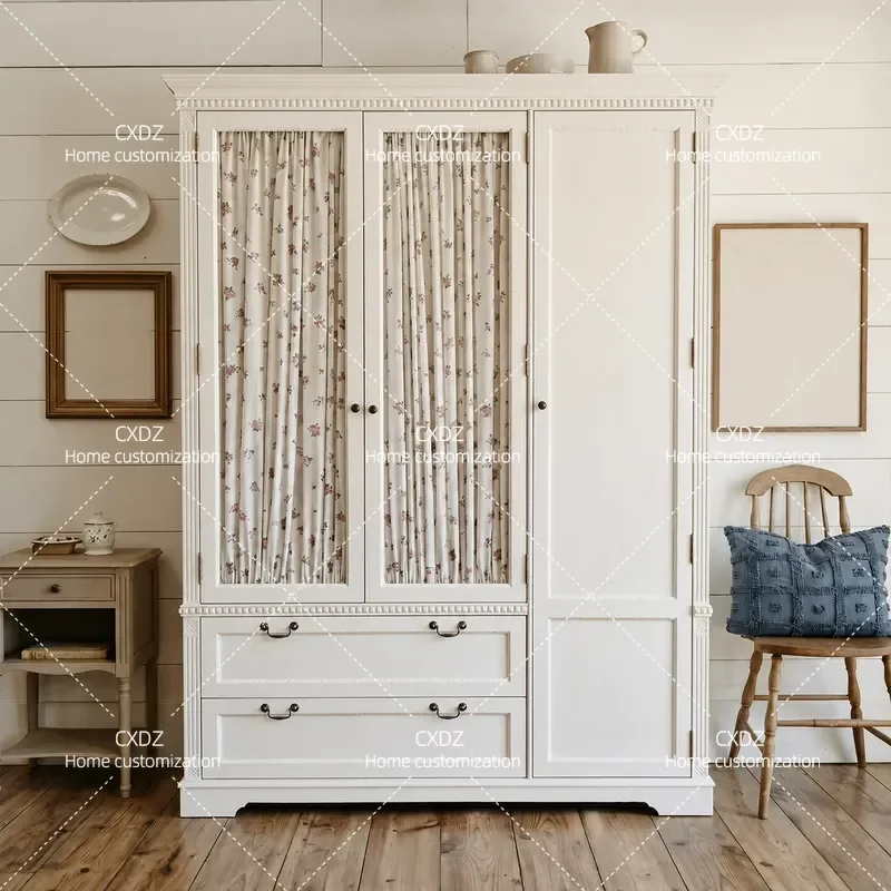 French retro floral curtain large wardrobe American pastoral solid wood storage wardrobe home bedroom white storage wardrobe