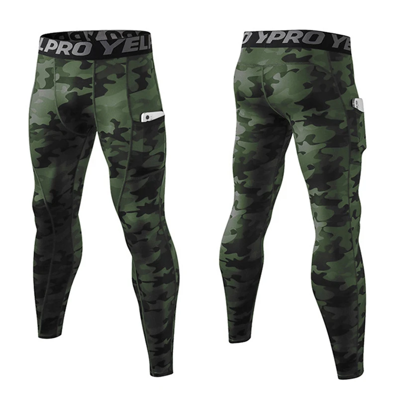 Men\'s Sports Tights Compression Running Sportswear With Pocket Camouflage Leggings Slim Pants Gym Fitness Training Workout Male