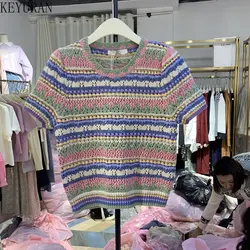 2023 Summer Colorful Striped Sweater Women's Korean Casual O-neck Short Sleeve Knit T Shirt Ladies Simple Pullover Knitwear Tops