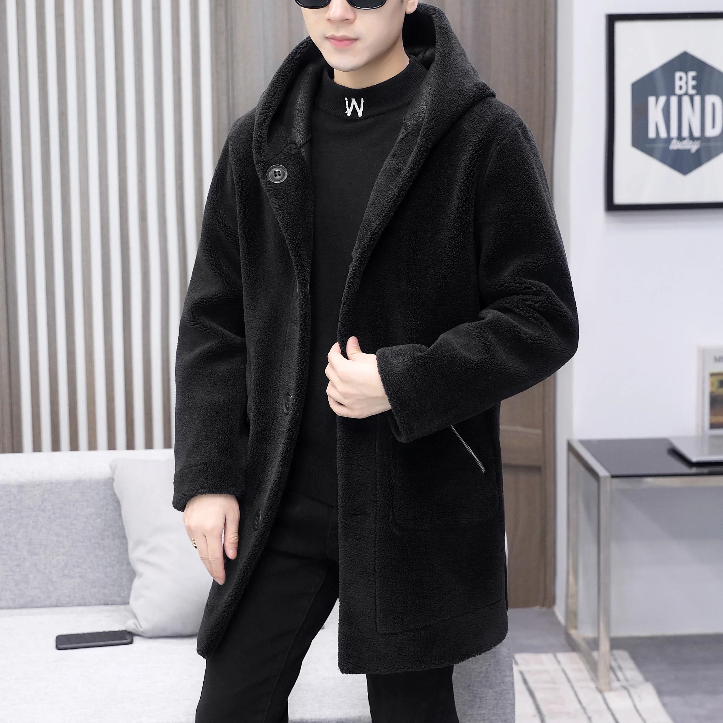 

Winter Men's Solid Hooded Mid-Length Grain Fleece Jackets Double Wearable Woolen Coats Outwear Thicken Warm Top Windbreak Trench