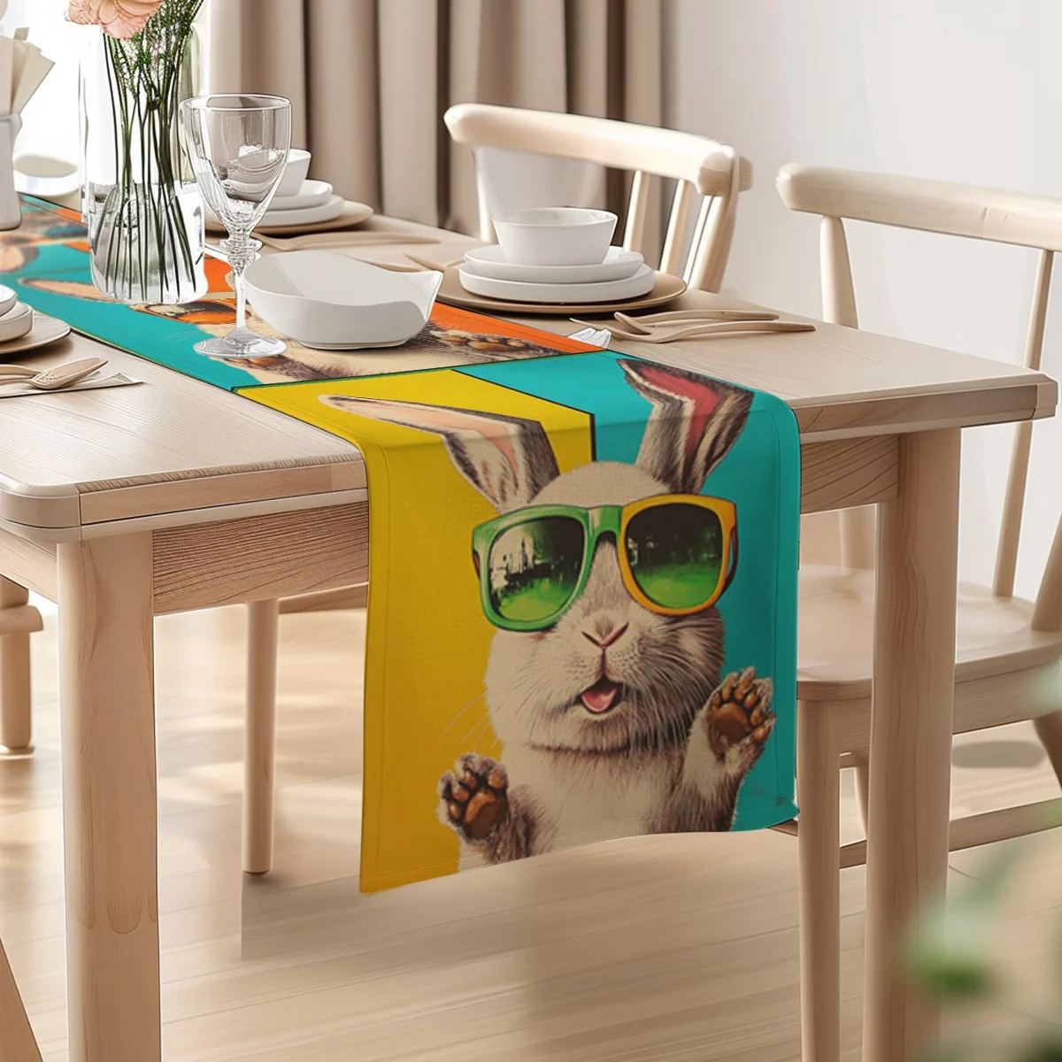 print table runner Cool Bunny Pop Art Style Table Flag dressing table flag for Kitchen & Home, Housewarming Gift