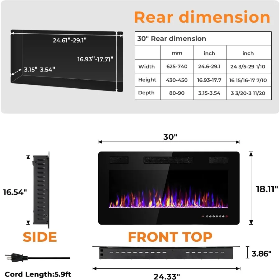 Camino elettrico da 30 pollici per soggiorno interno e decorazione della camera da letto con installazione da incasso e a parete Lin