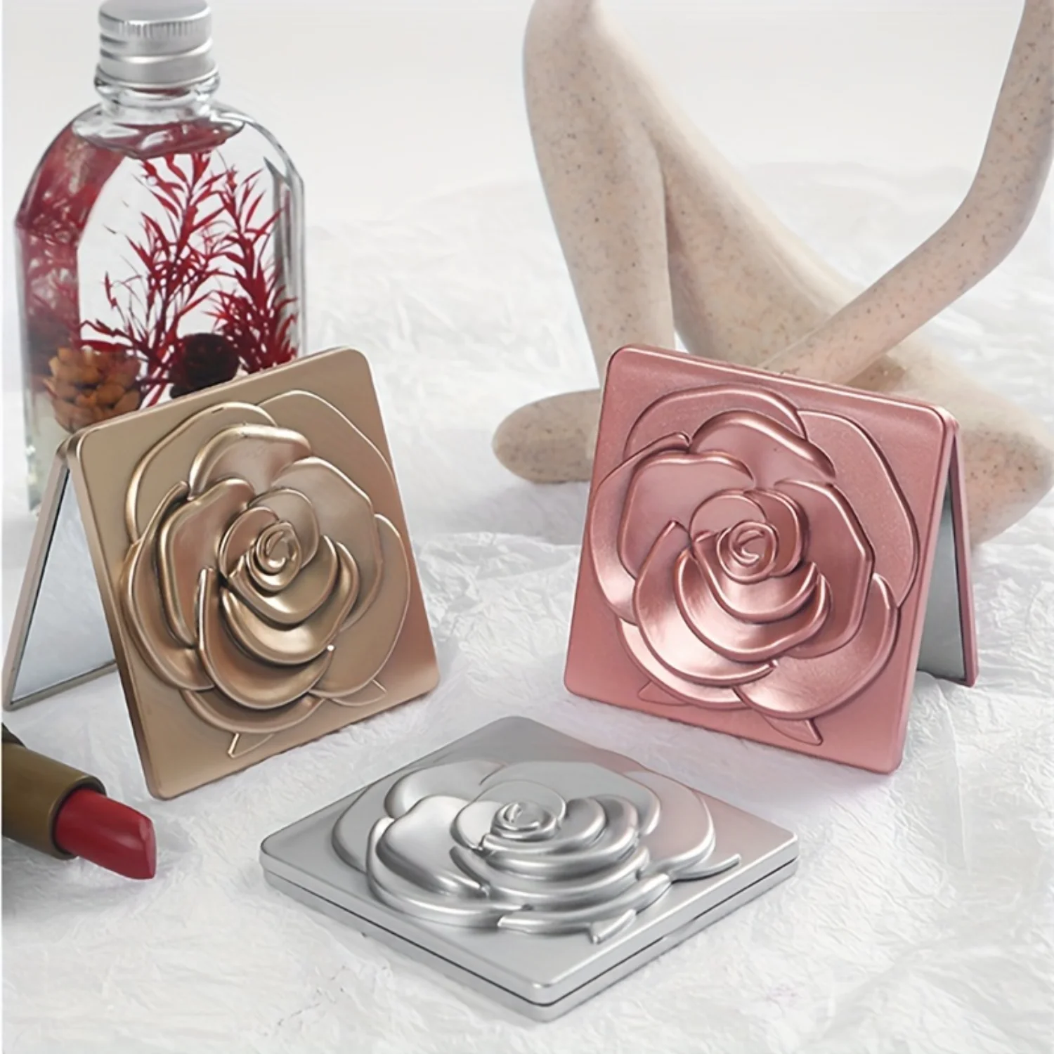 

1pc Rose Design Compact Makeup Mirror For Women And Girls, Elegant Square Travel Cosmetic Mirror For Pocket, Purse Or Handbag, P