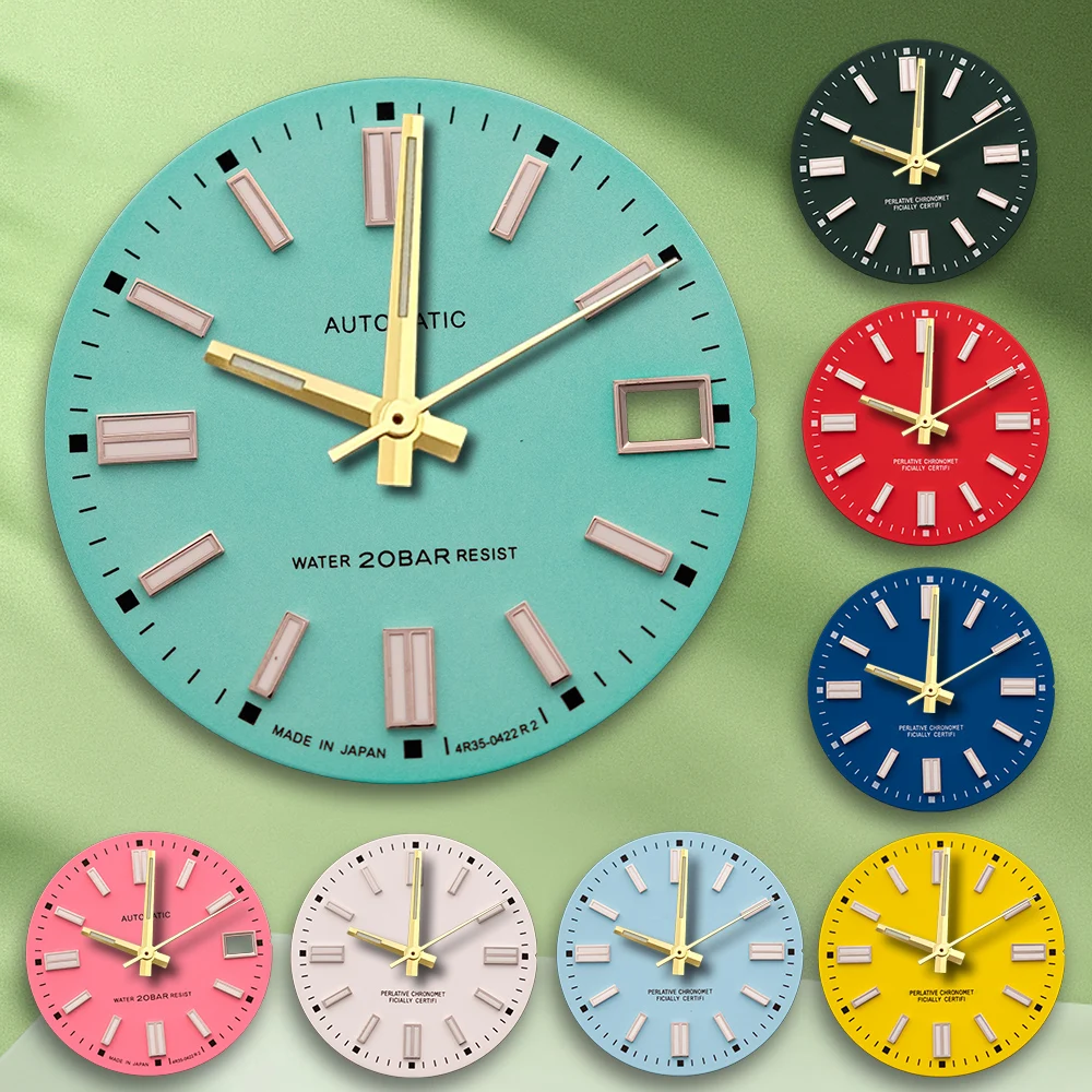 28,5 mm S-Logo, mattes Zifferblatt, keine Zeiger, passend für NH35/NH36/4R/7S, japanisches Uhrwerk, grün leuchtendes, seeblaues Uhrenmodifikationszubehör