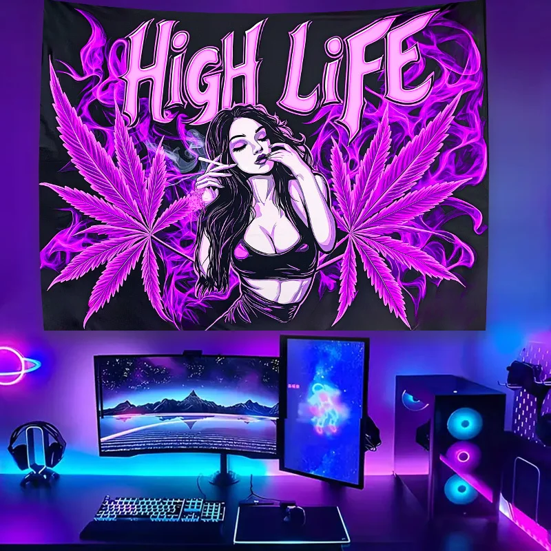 UV Glow Cannabis Tapestry Blacklight Psychedelic Wall Art Poster Bohemian Rave Man Cave Decoration Unique Decor