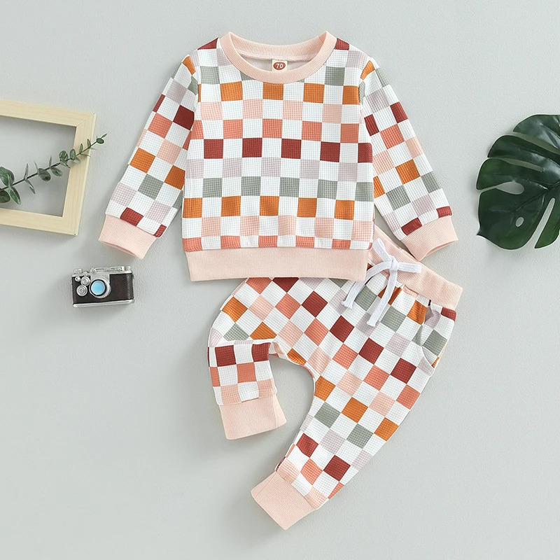 Lioraitiin 0-3Y Toddler Baby Boys Girls Tracksuit Outfits Long Sleeve Checkerboard Print Sweatshirt and Pants Set Clothes