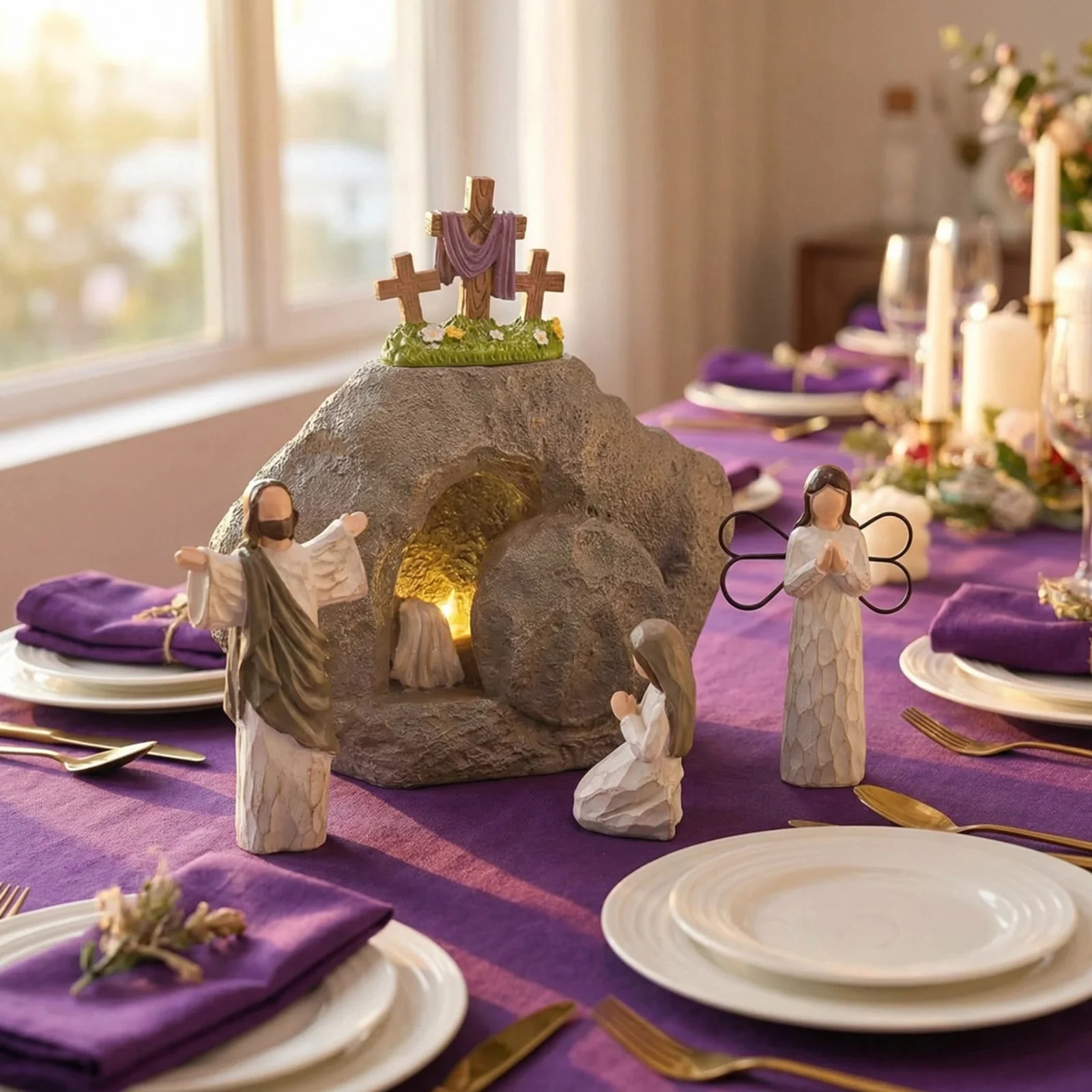 

Empty Tomb Easter Scene Decor Little Jesus Figures Religious Easter Decorations for Religious Display Home Office Tabletop Tray