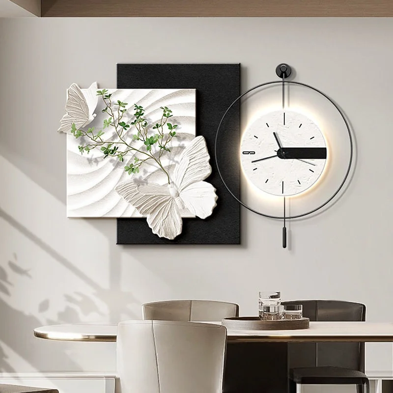 Modern Led Decorative Painting Black And White Wall Clock Sandstone Home Decoration Living Room Bedroom Wall Painting Light