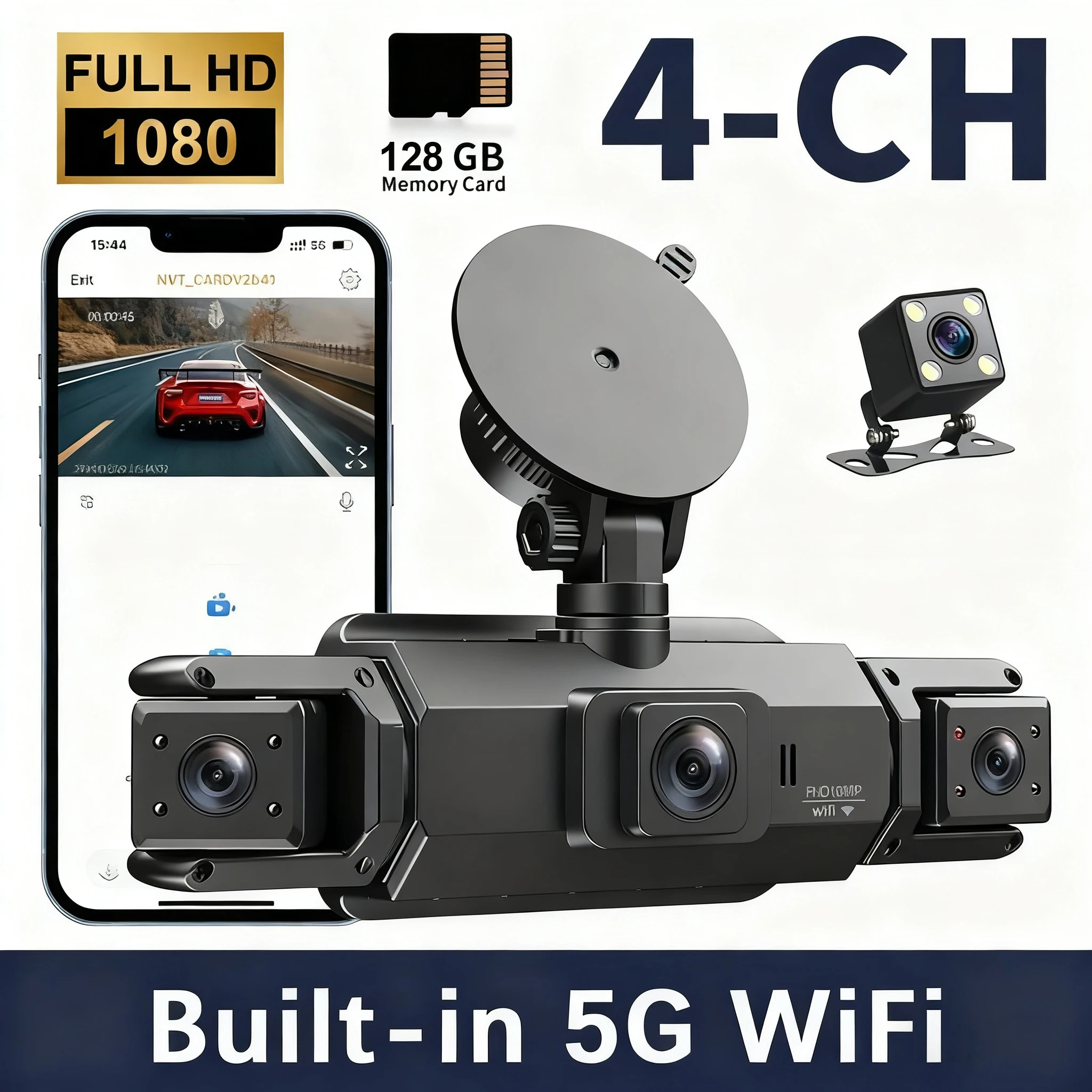 WiFi 4 Lens Dash Cam 1080P HD Car Camera Front Rear Left Right 4-Way Recording Night Vision 24H Parking Mode 360° Full View DVR