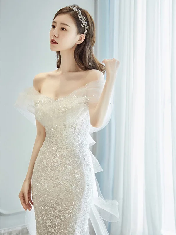 

Wedding Dress Gown Shoulder Bared Tailoring Fish Tail Long Evening Gown for Bride Greeting Guests Korean Style mid Waist