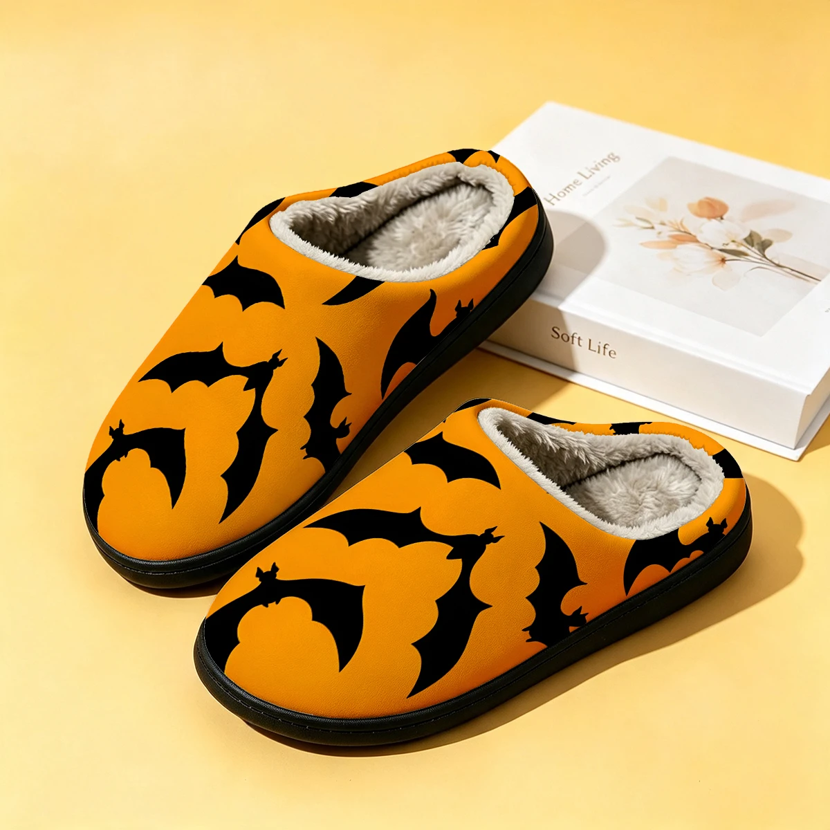 Men Shoes Winter - ブラックオレンジバッツ レディース冬用高級コットンスリッパ 室内用ホームプラッシュ暖かいスリッパ カップルスリッパ メンズ秋用
