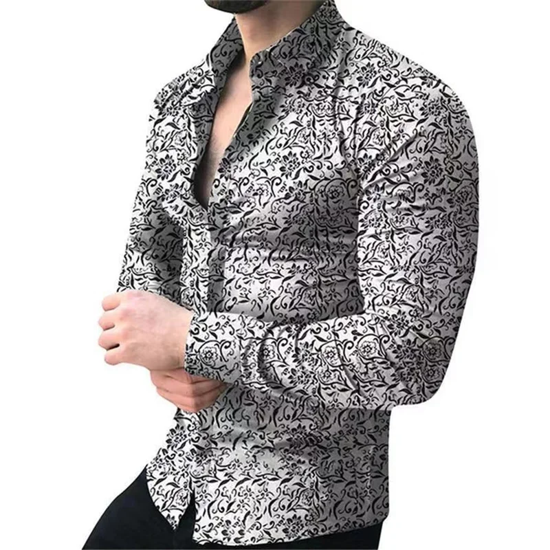 2023 Fashion Men's Retro Tribal Ethnic Casual Comfortable Breathable Lapel Button HD Pattern Long Sleeve Shirt New Hot Sale