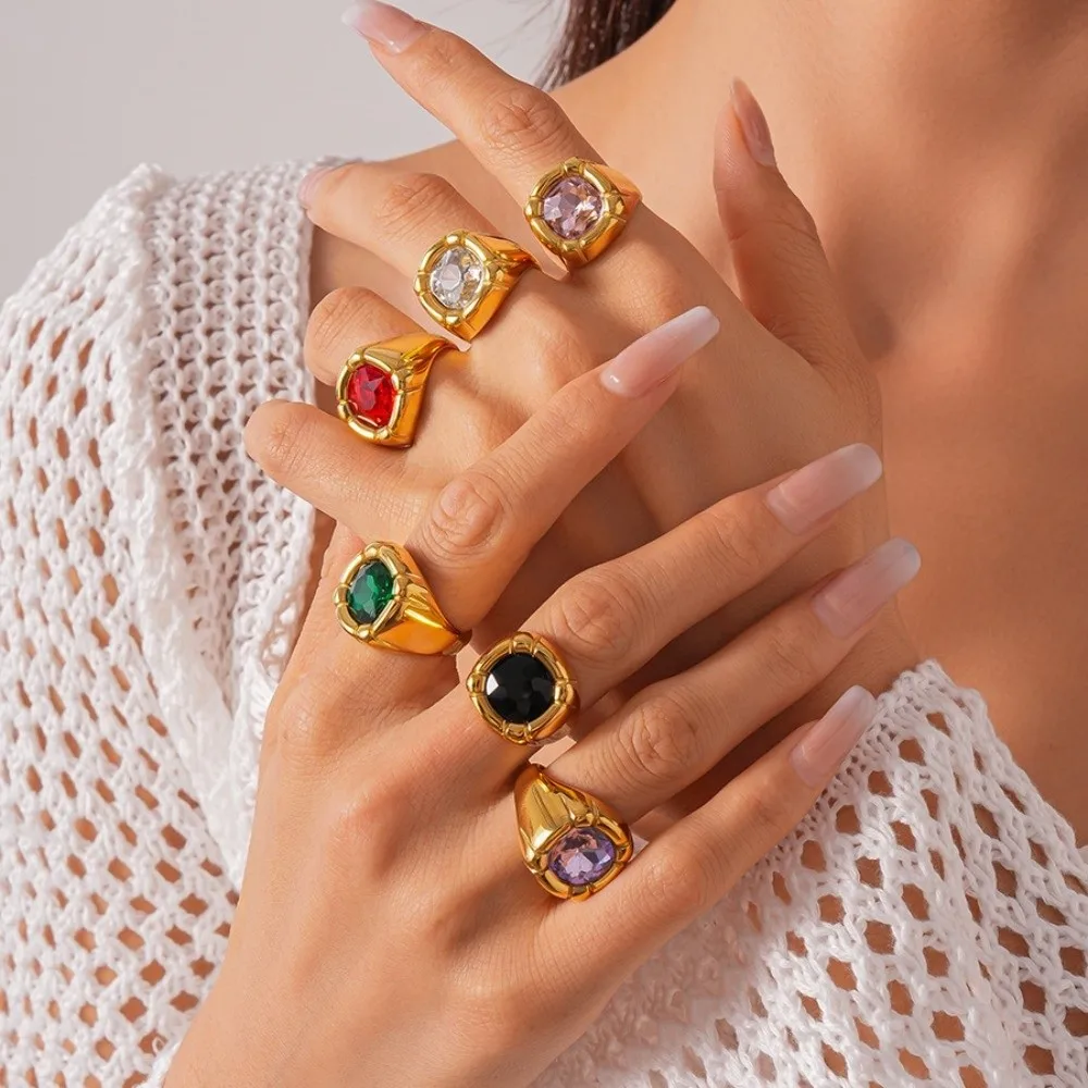 지르콘 사각 크리스탈 반지 스테인리스 스틸 연회 스타일 사각 지르콘 반지 화려하고 우아한 과장된 반지